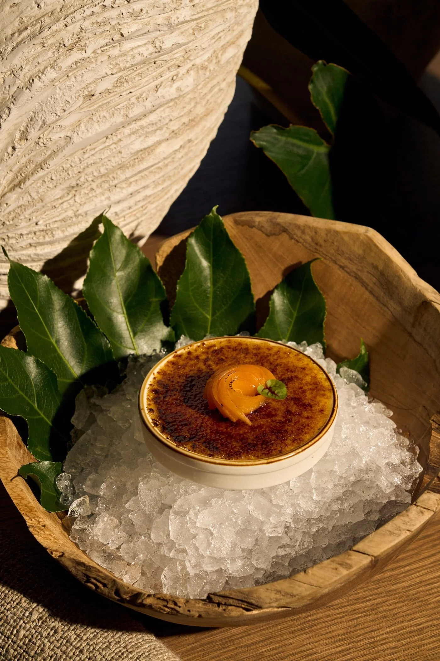 Apart of the dessert menu of CASA NEOS displays the apricot creme brûlée laid on a bath of ice, with leaves in the background around the dish.