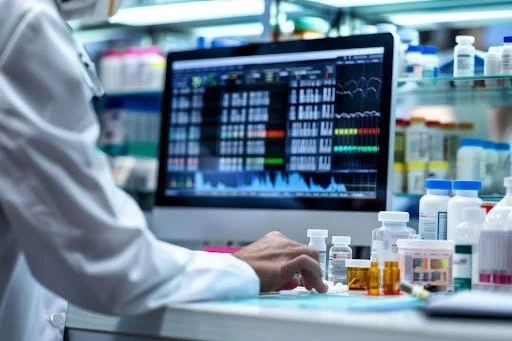 Researcher reviewing data charts on a computer screen in a lab, surrounded by pharmaceutical bottles and testing samples