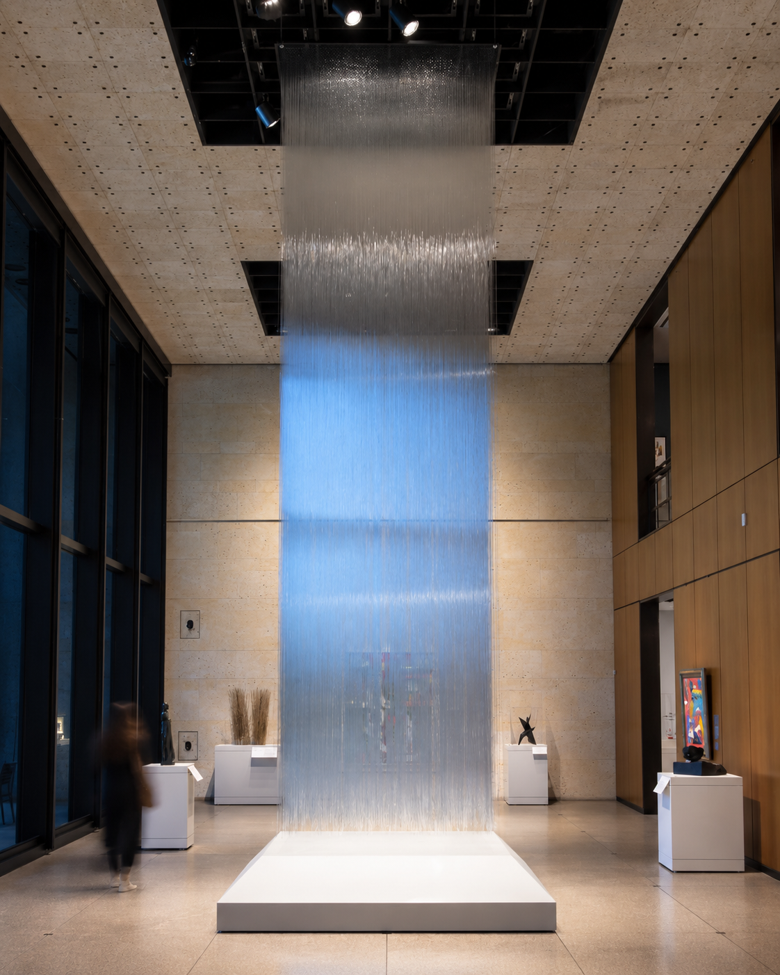 Sky Column: Shaking the Shadow, a 25-foot column of hand-pulled glass fibers suspended in the Amon Carter Museum atrium