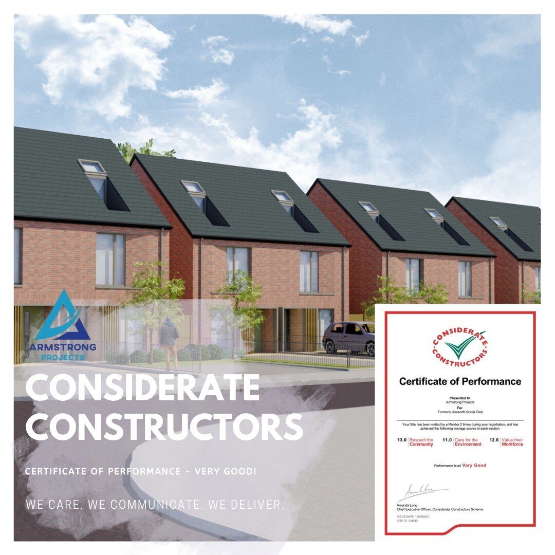 C O N S I D E R A T E &bull; C O N S T R U C T O R S
 
Following another site visit from the Considerate Constructors Scheme, we have received yet another positive report of &ldquo;Very Good&rdquo; for both of our schemes in Whitefield and Cheadle!

