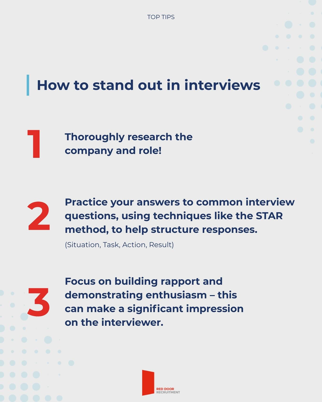 Here&rsquo;s 3 helpful tips when preparing for an interview!

1️⃣ Thoroughly research the company and role, it&rsquo;ll show you really care about the job
2️⃣ Practise your answers so you feel as prepared as possible &ndash;&nbsp;this will increase y