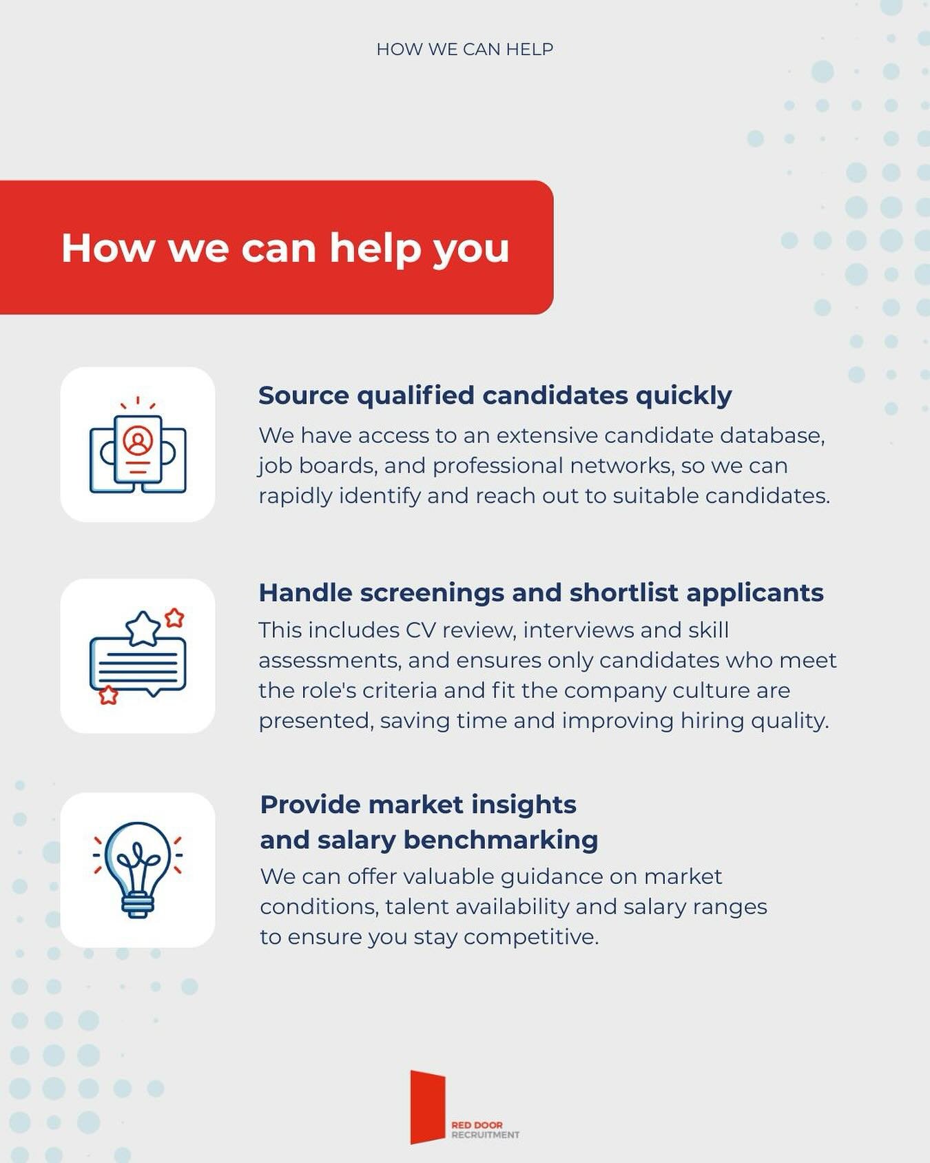 We know recruiting can be tough, so here&rsquo;s just a few ways we can help your business.

If you&rsquo;d like to chat more, get in touch today:

☎️ 01727 899490⁠
✉️ info@reddoorrecruitment.co.uk⁠

#stalbansrecruitment #stalbansjobs #hertsjob #life