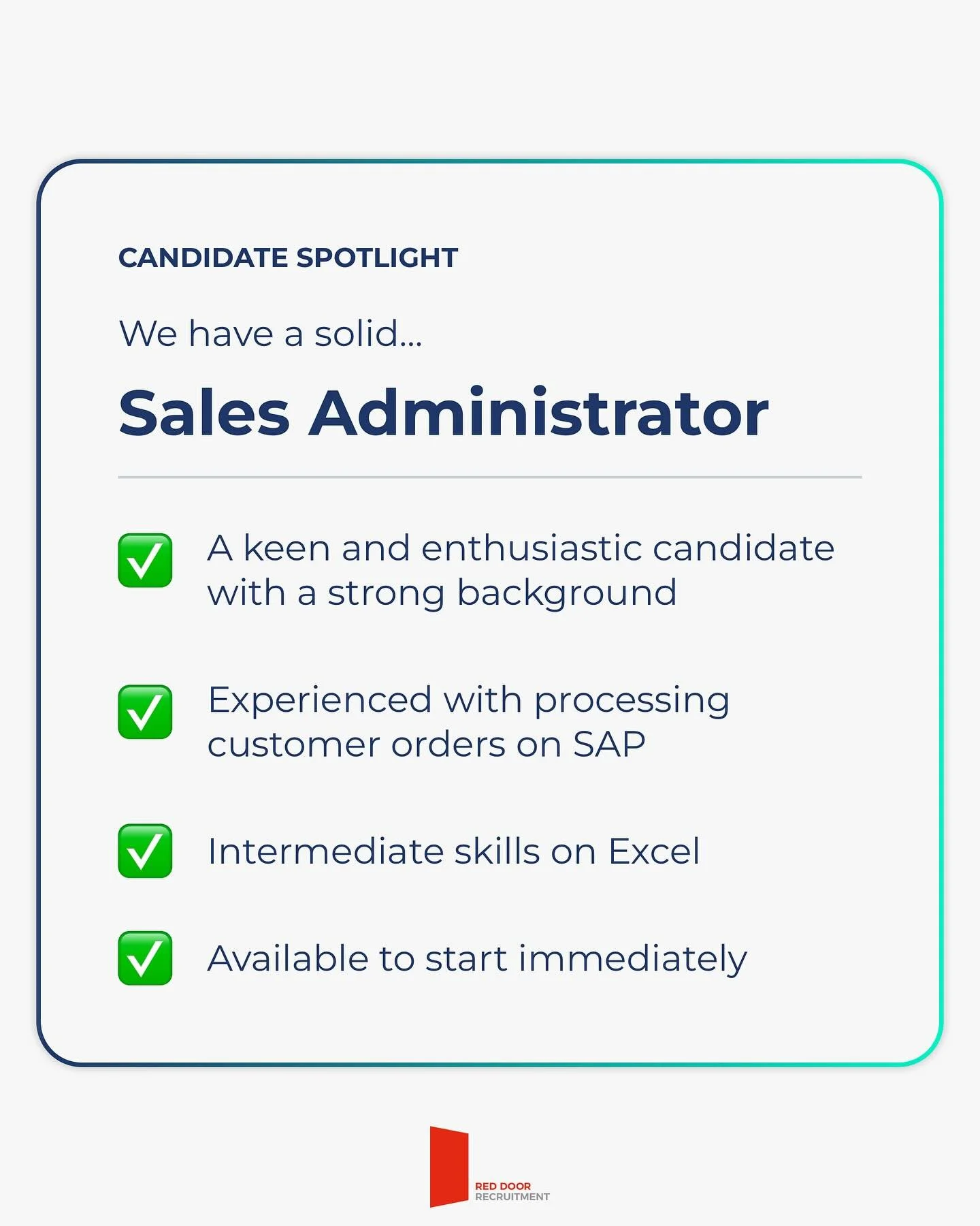 Our candidate is looking for a Sales Administrator role! 💼

If you are looking to hire someone in this role please get in touch with the team ⭐

☎️ 01727 899490⁠
✉️ info@reddoorrecruitment.co.uk

#SalesAdministrator #RedDoorRecruitment #BehindTheRed