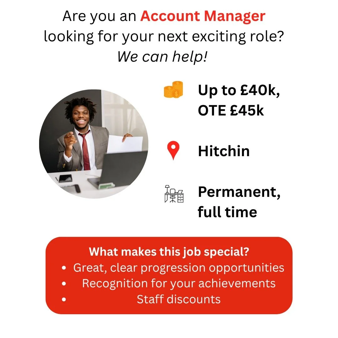 🚨 New job alert! 🚨 

We're pleased to be partnering with an exciting, growing business in Hitchin who are looking for an Account Manager to join their supportive team. 

If you're interested in hearing more about this great opportunity, please emai