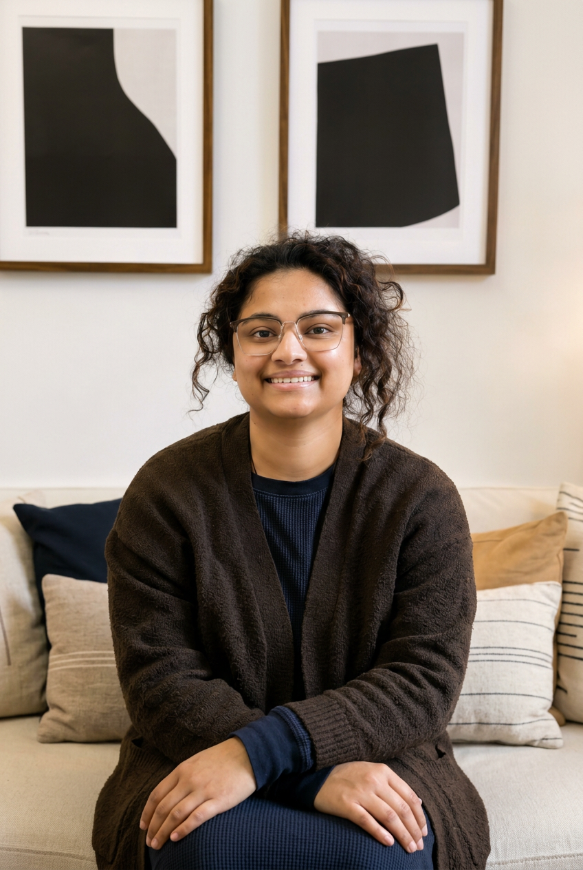 Toronto Therapist, a woman with curly hair and glasses sitting on a beige couch with pillows behind her, smiling at the camera, with abstract black and white artwork on the wall.