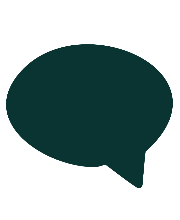 A dark green speech bubble icon on a black background.