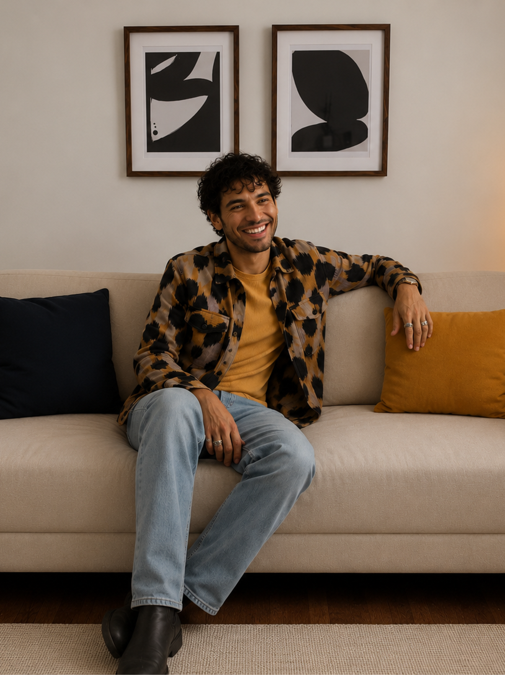 A man sitting on a beige sofa, smiling, wearing a leopard print shirt over a yellow t-shirt, with light blue jeans and black boots. Two black and yellow pillows are on either side of him. Behind him are two framed abstract black and white artworks on a white wall.