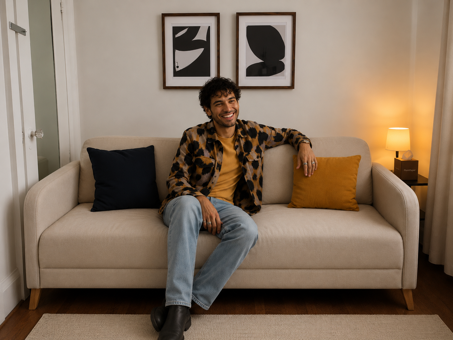 A man with curly hair and a beard sitting on a beige sofa, smiling, wearing a multicolored patterned shirt over a yellow t-shirt, paired with light blue jeans and black boots. The sofa has black and yellow cushions. Behind him are two abstract black and white framed artworks on a white wall. To his right, a side table with a lamp and a tissue box, with a window and curtains partially visible.