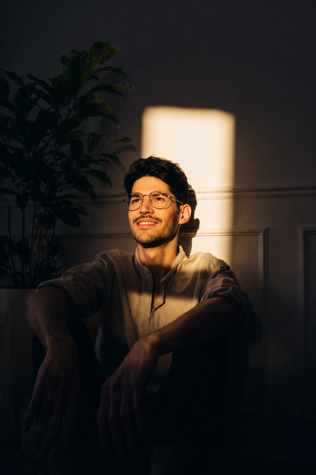 A man with dark hair, glasses, and a beard sitting indoors, illuminated by sunlight through a window, with a large potted plant nearby.