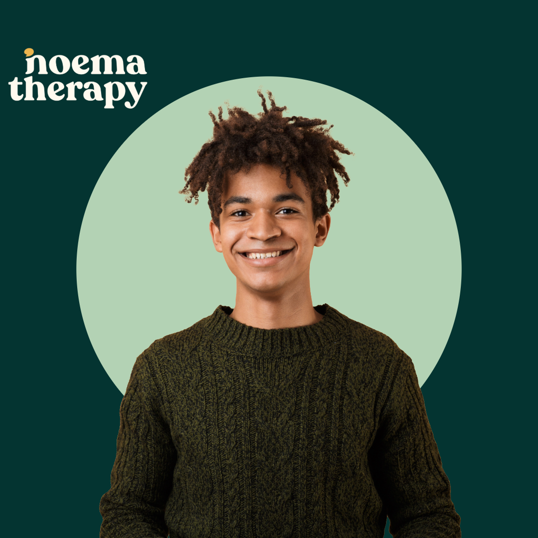 A smiling young man with curly hair wearing a dark green sweater, standing in front of a green circular background with a dark green border and the text 'noema therapy' in the top left corner.