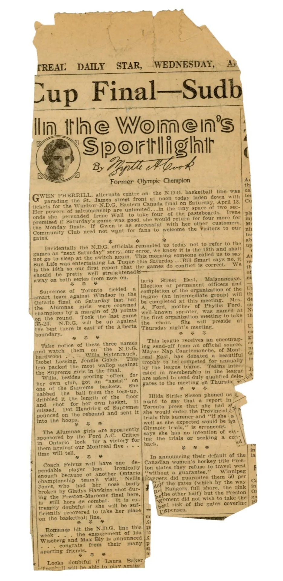 "In the Women's Sportlight" by Myrtle Cook from April 6, 1936. It details the Eastern Canada Final basketball match between N.D.G and Windsor, for which Irene Wall bought four tickets. It also mentions the engagement of Ida Wiseberg and Max Bly. JPL 