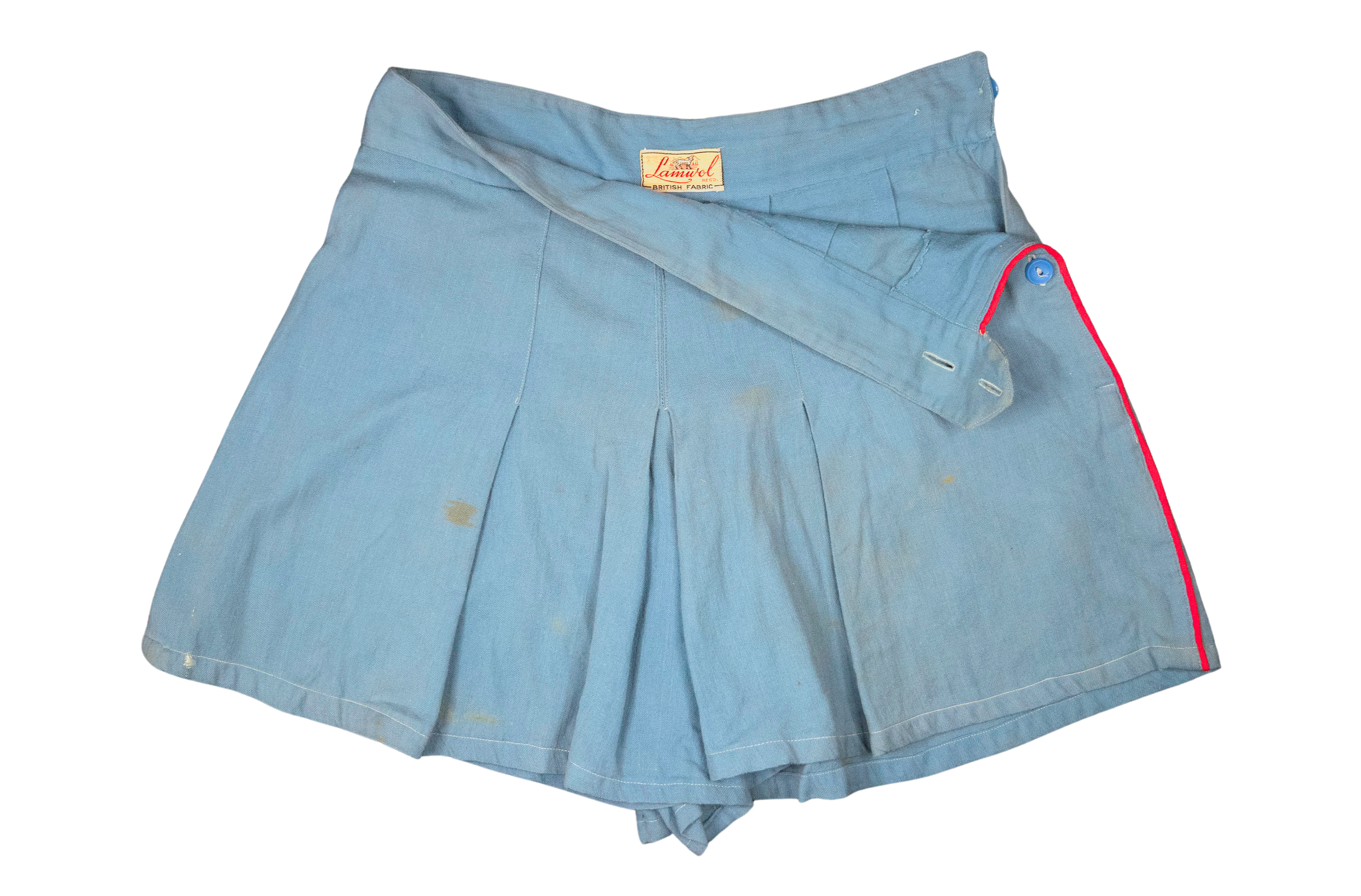 Blue wool skort, part of three-piece softball uniform. Paramount team with Noordwyn sponsorship. 1940s. JPL Archives, Ida Bly Fonds, 1482-TBP
