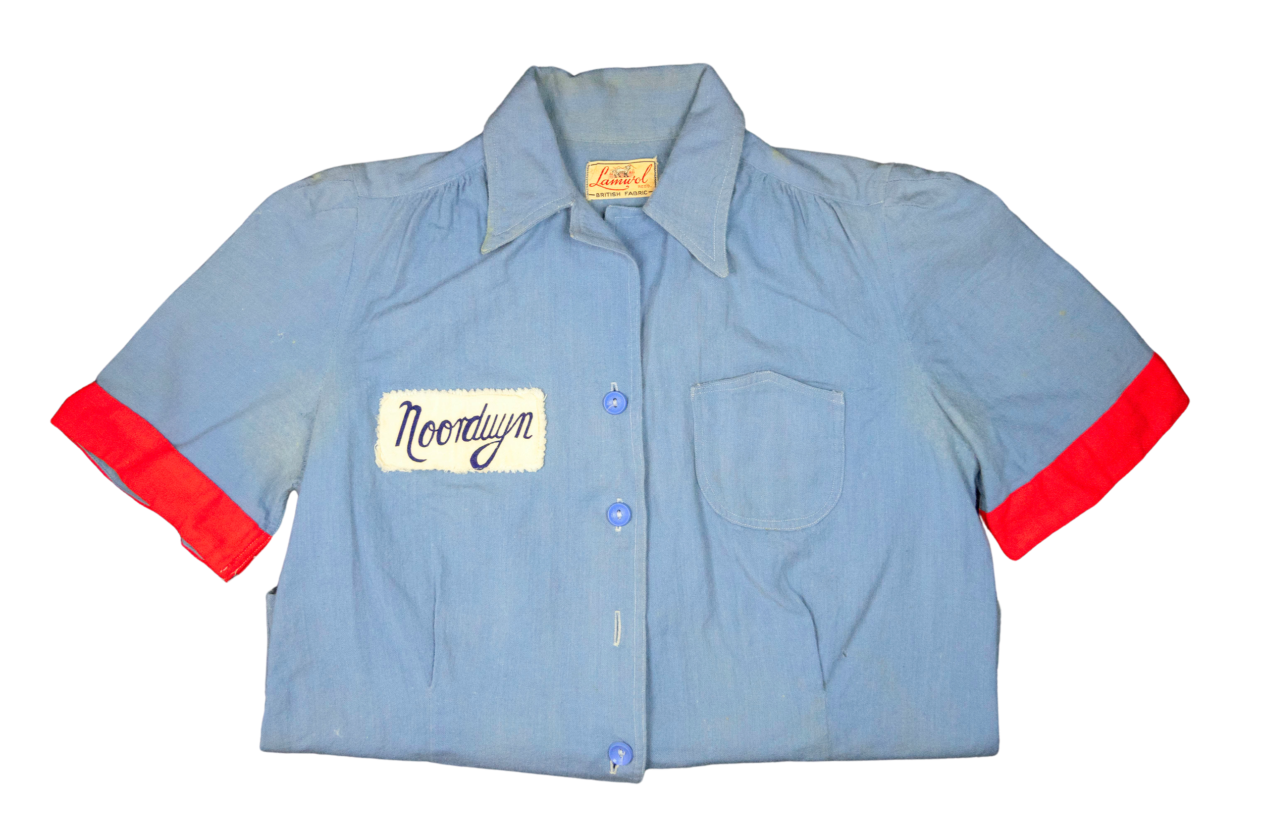 Blue and red wool short sleeve shirt, part of three-piece softball uniform. Paramount team with Noordwyn sponsorship. 1940s. JPL Archives, Ida Bly Fonds, 1482-TBP