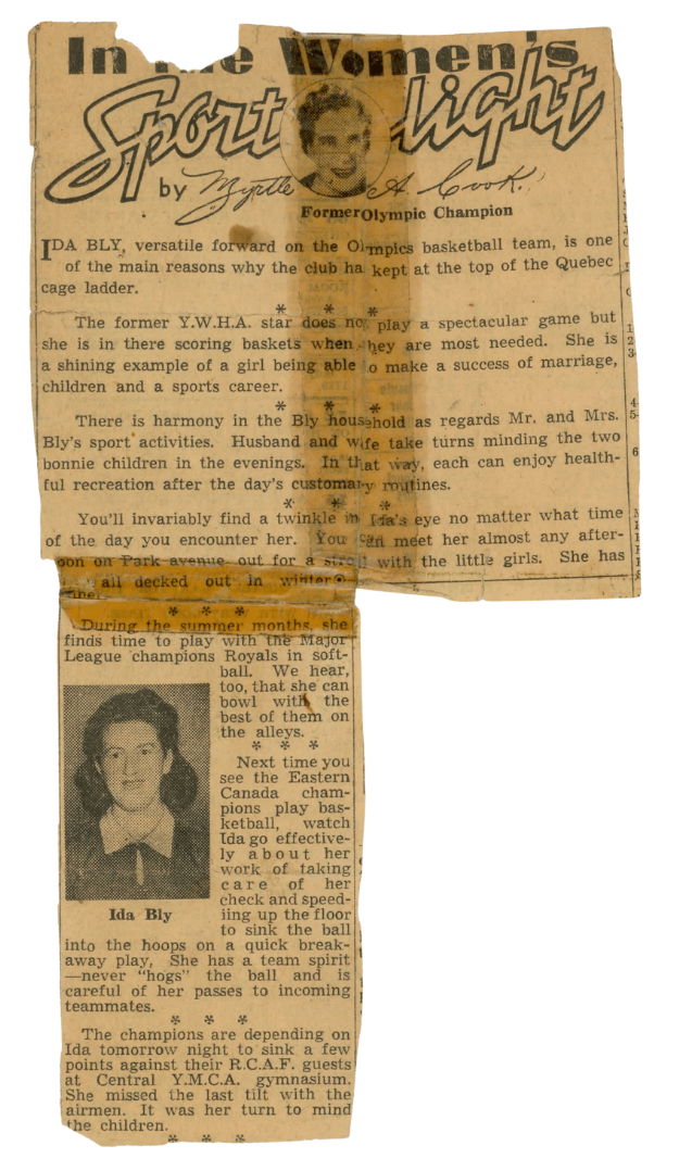 "In the Women's Sportlight" by Myrtle Cook, circa 1940s. In the lead up to a notice about an upcoming game, Cook details Ida's spectacular career and team spirit. JPL Archives, Ida Bly Fonds, 1482-1-[1]-002