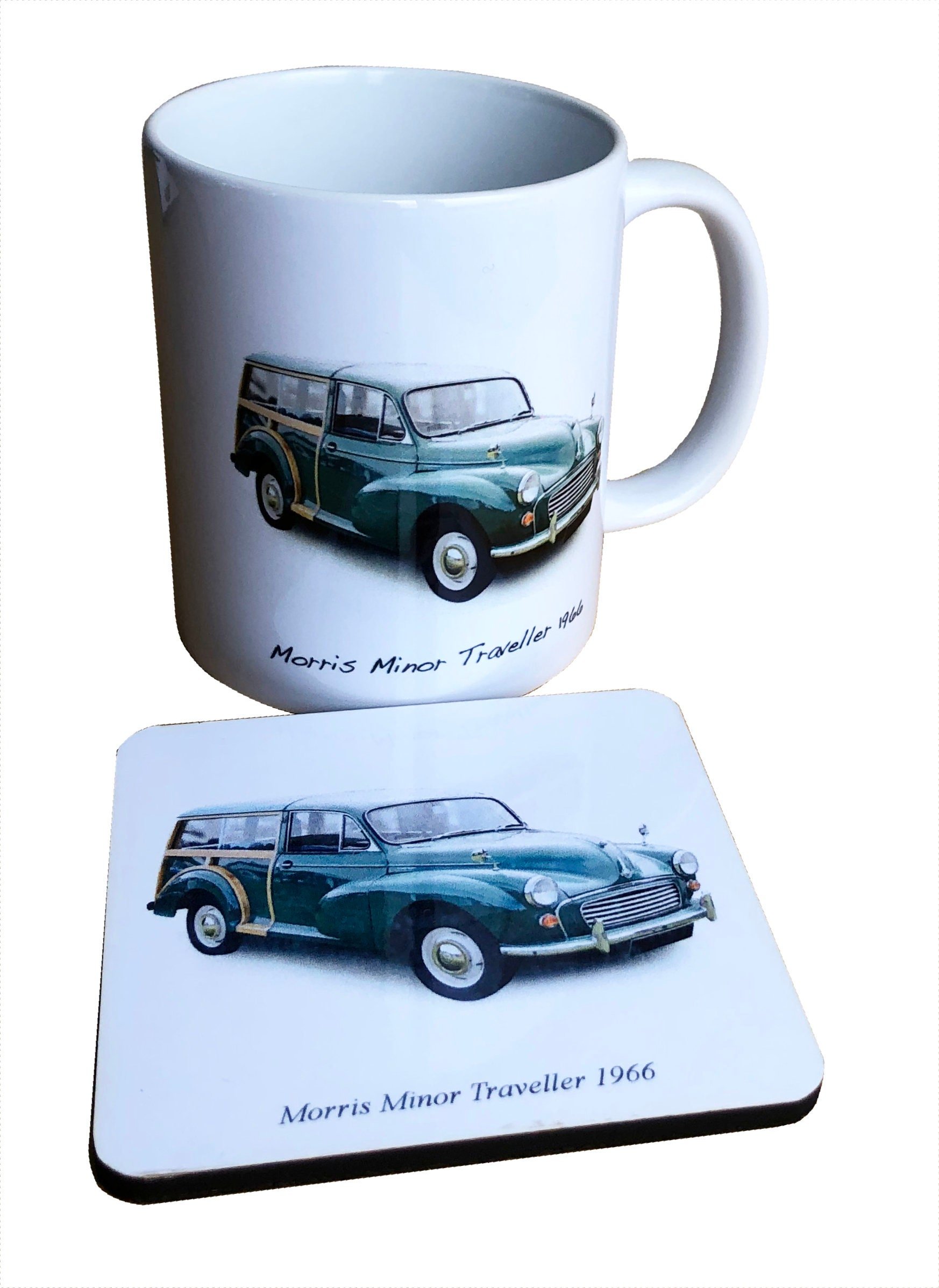 Morris Minor Traveller 1966 (Green) - 11oz Ceramic Mug with Matching Coaster - Nostalgic Car Enthusiast's Present