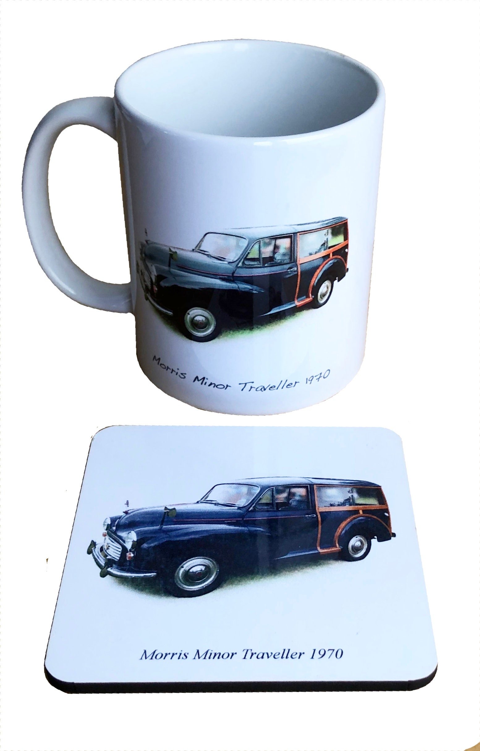 Morris Minor Traveller 1970 (Black) - 11oz Ceramic Mug with Matching Coaster