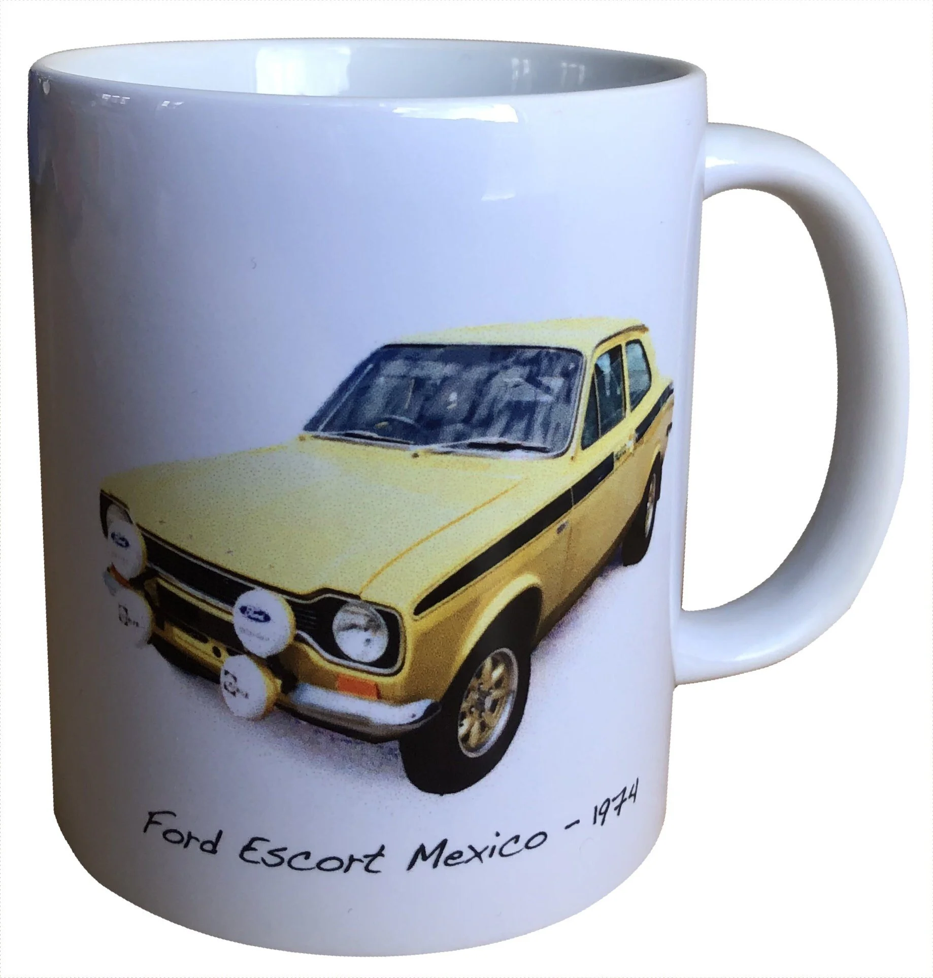 Ford Mexico Mk1 1974 (Yellow) - 11oz Coffee Mug - Ideal Gift for the Ford Rally Car Enthusiast - Personalisation Optional