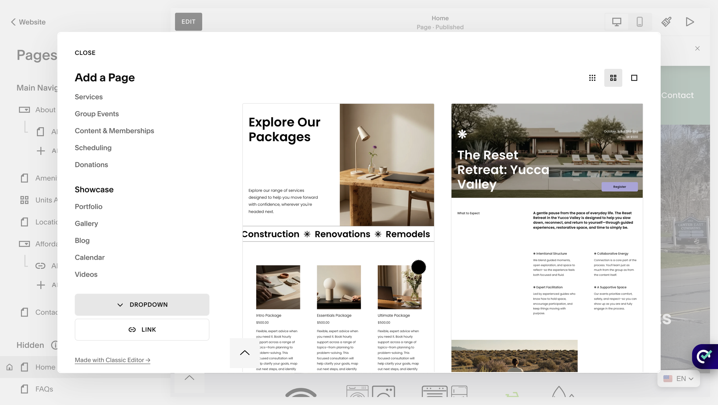 The dropdown option within Squarespace Menu settings.