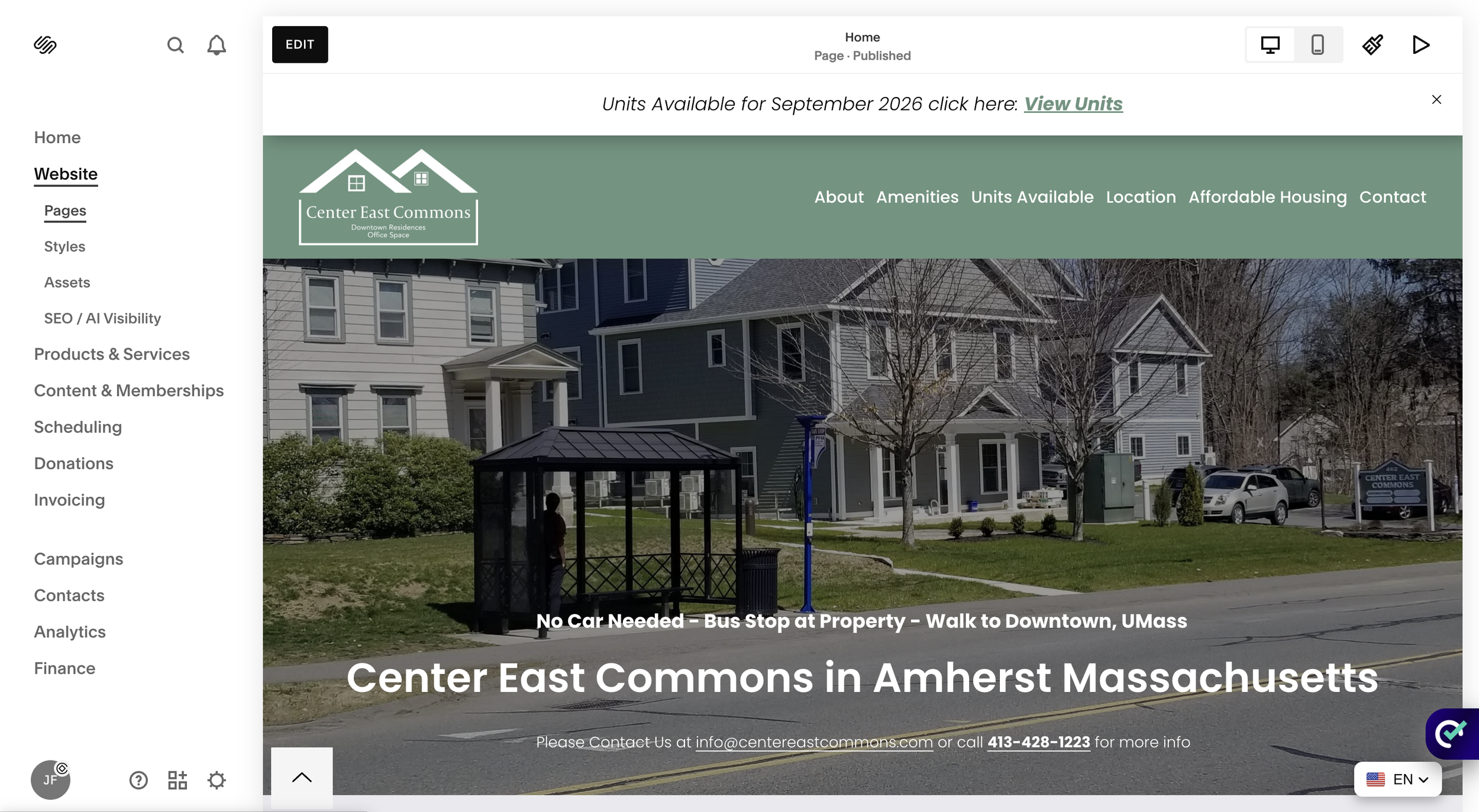 A squarespace website dashboard with the Pages link underlined.