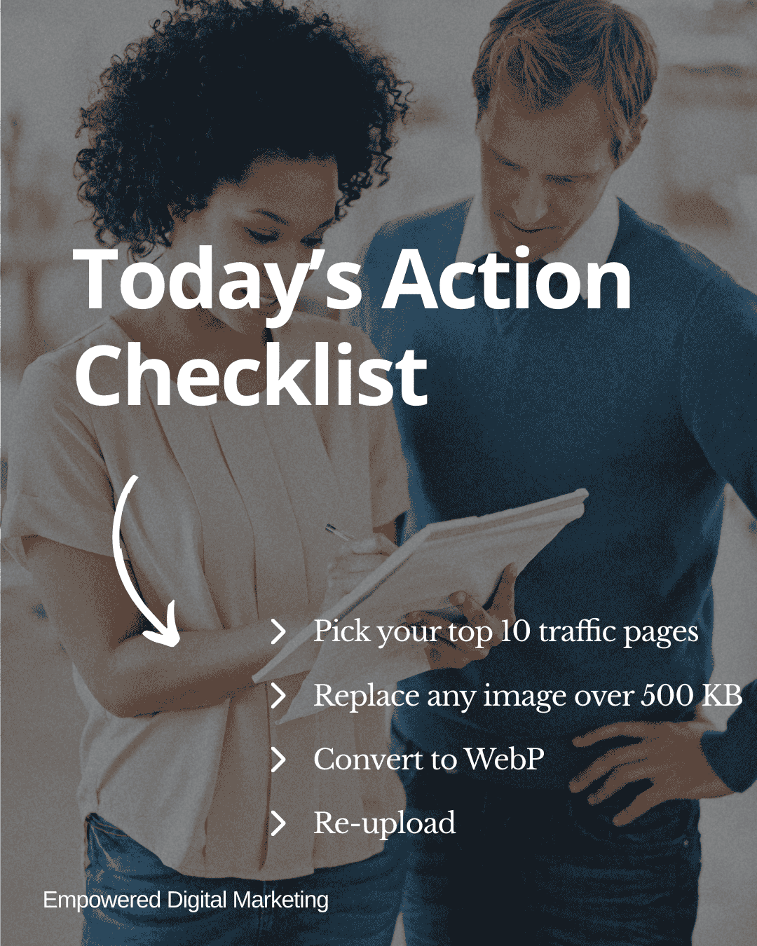 Pick your top 10 traffic pages, replace any image over 500 KB, convert to WebP, re-upload.