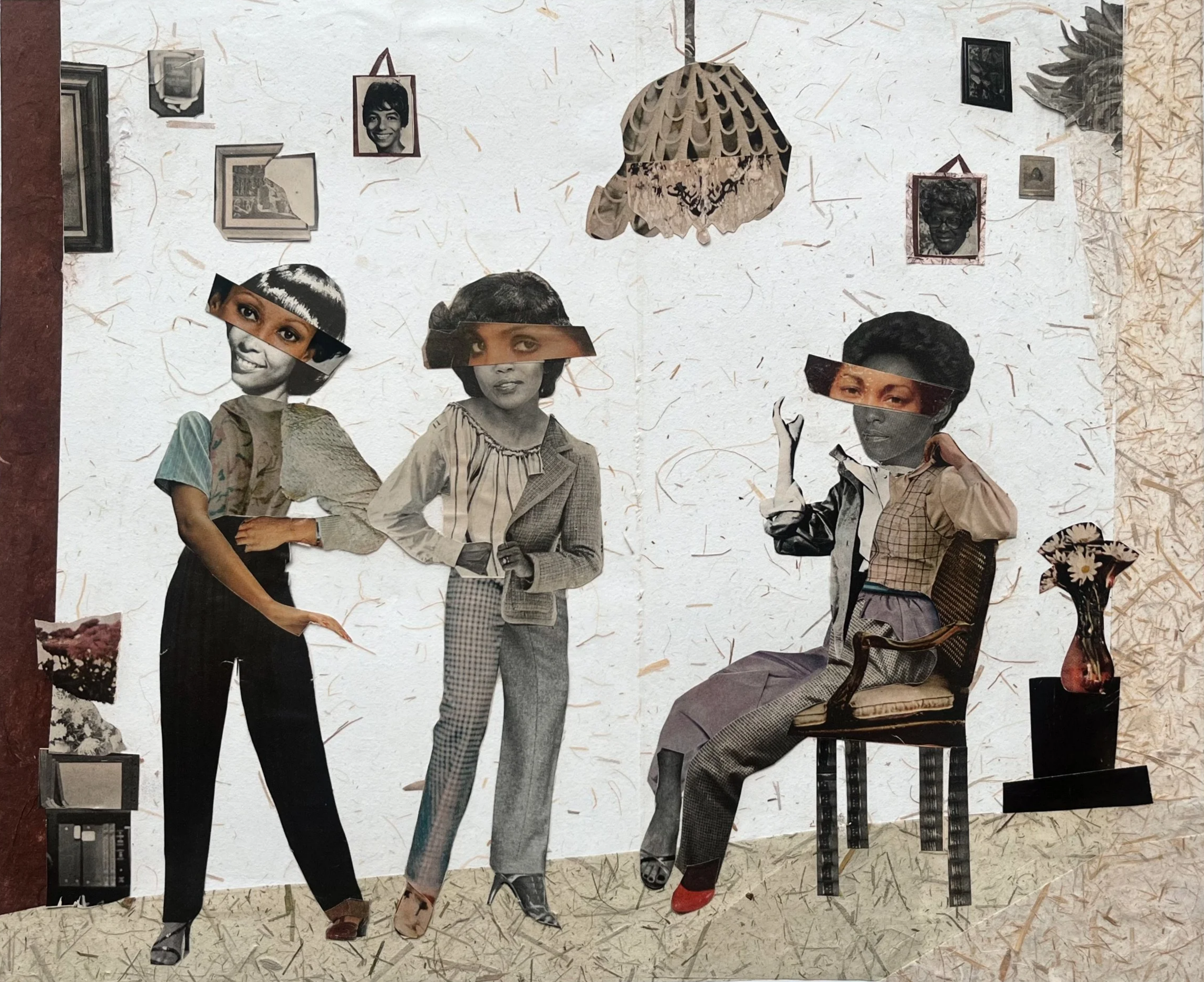 Collage art of three women with cut-out faces in a vintage living room setting, with photos and objects on the wall and a decorative vase on a side table.