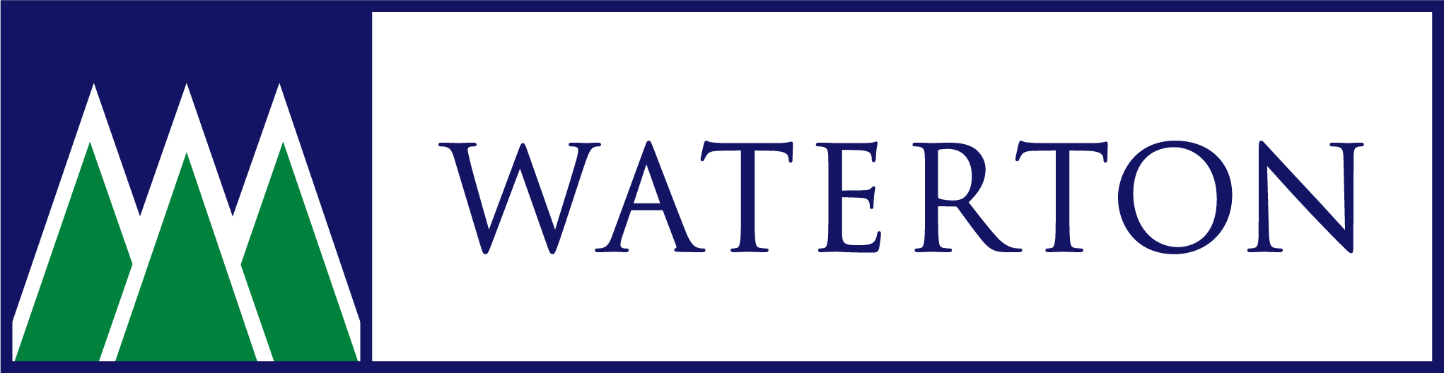 Logo with three stylized green trees on the left and the text 'WATERTON' in blue on the right.