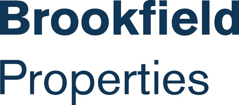 Close-up of the words 'Brookfield Properties' in bold dark blue font on a white background.
