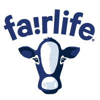 Illustration of a cow's face with the word 'fairlife' curved above it.