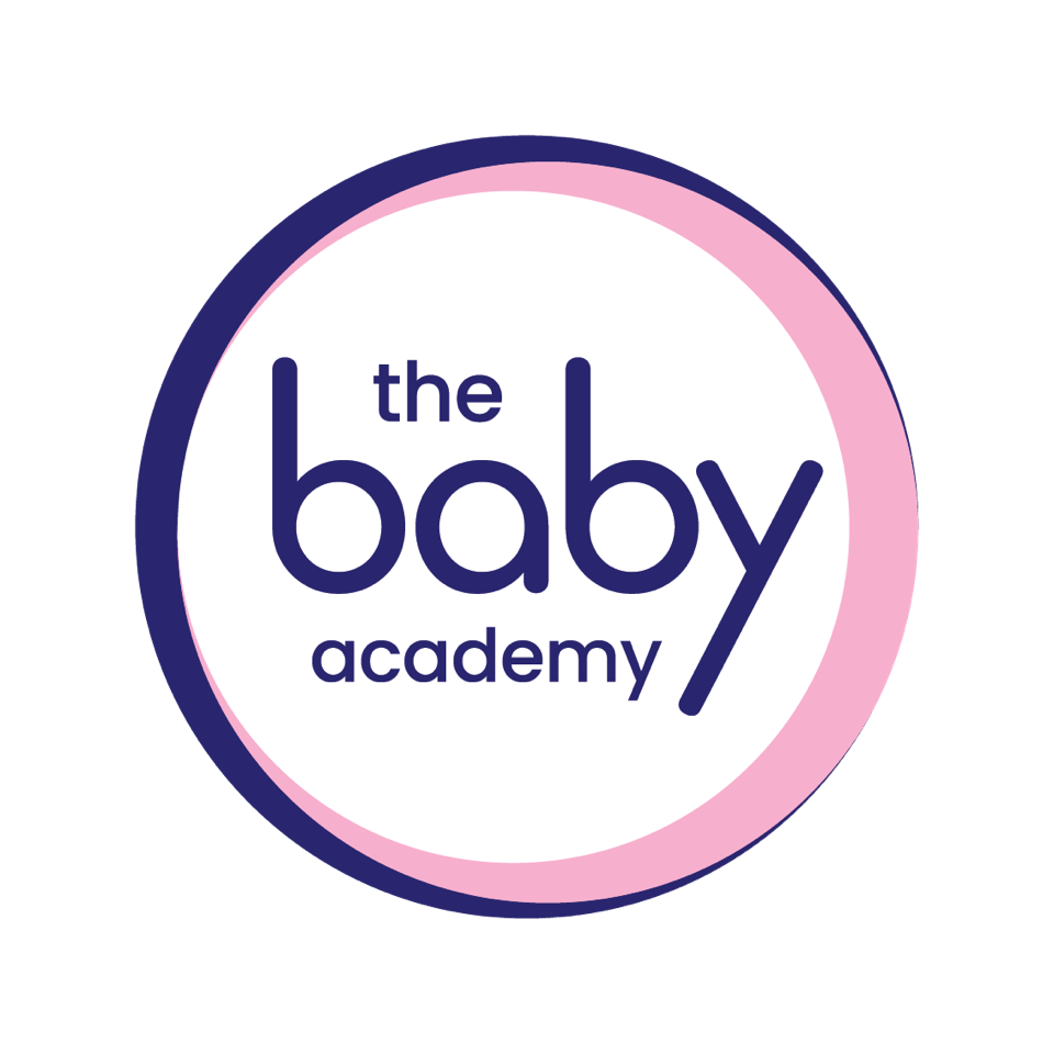 Logo for the Baby Academy featuring a pink and navy circular design with the words 'the baby academy' inside.