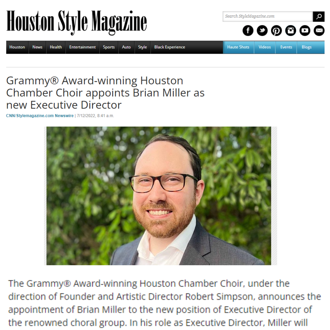 Grammy® Award-winning Houston Chamber Choir appoints Brian Miller as new Executive Director