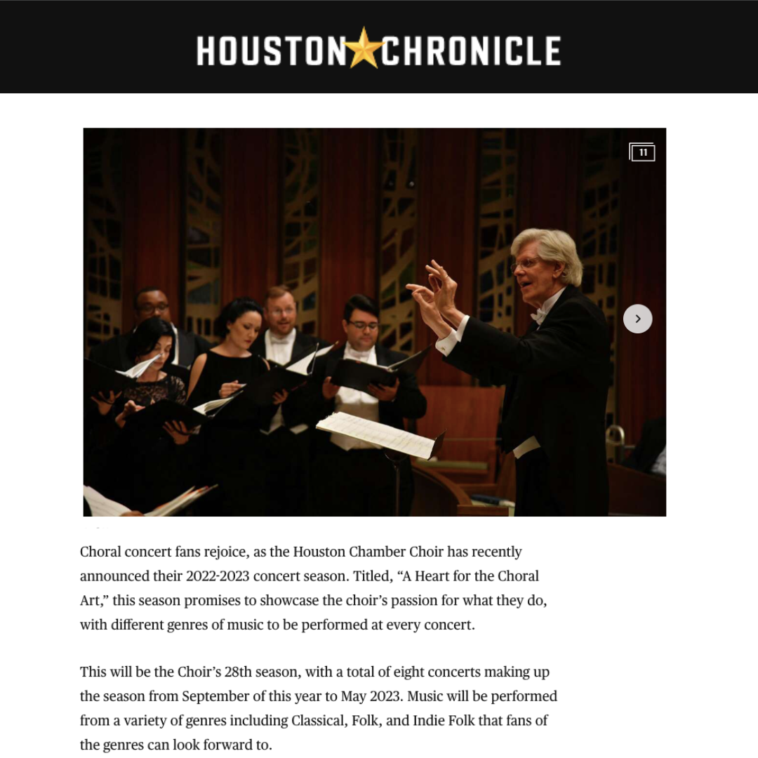 GRAMMY® Award-winning Houston Chamber Choir announces ‘A Heart for the Choral Art,’ 2022-2023 concert season