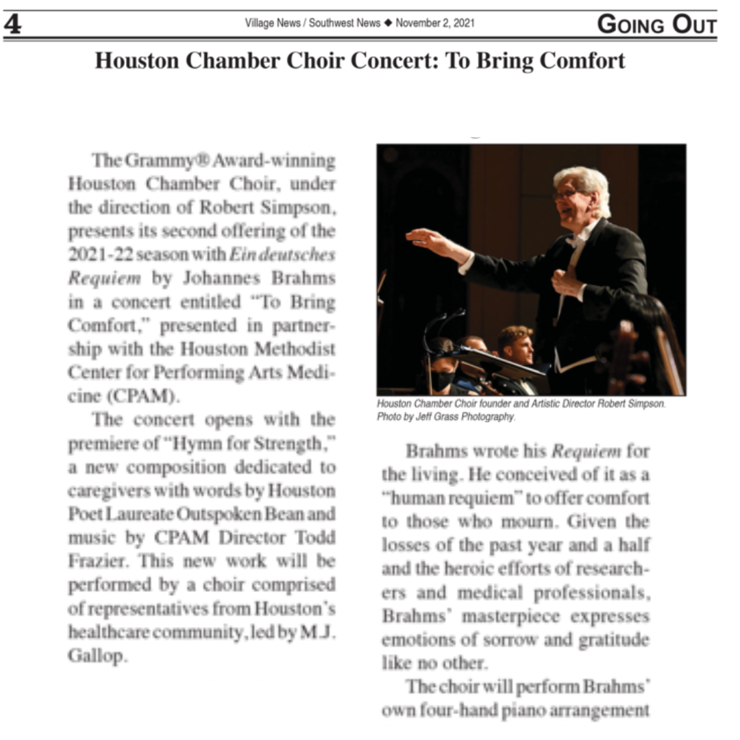 Houston Chamber Choir Concert: To Bring Comfort