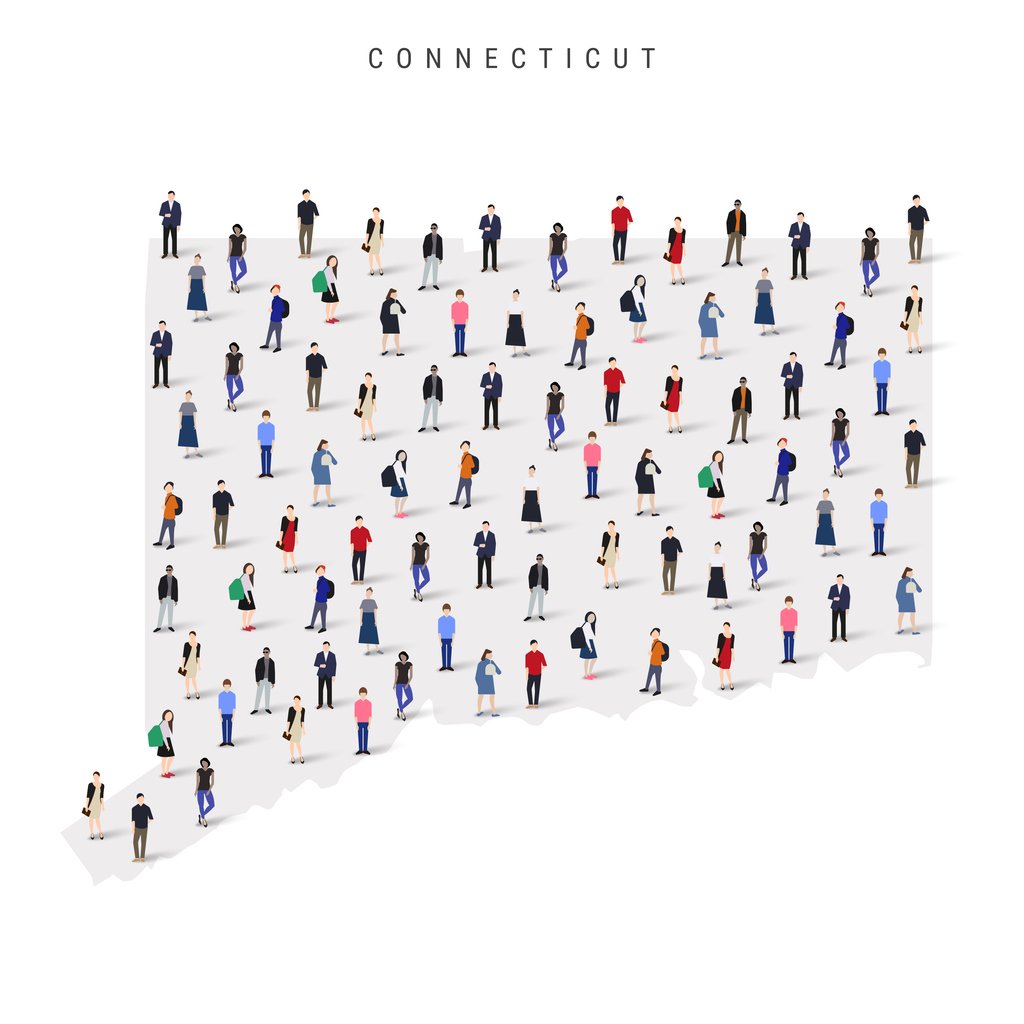Connecticut with images of people standing throughout the state