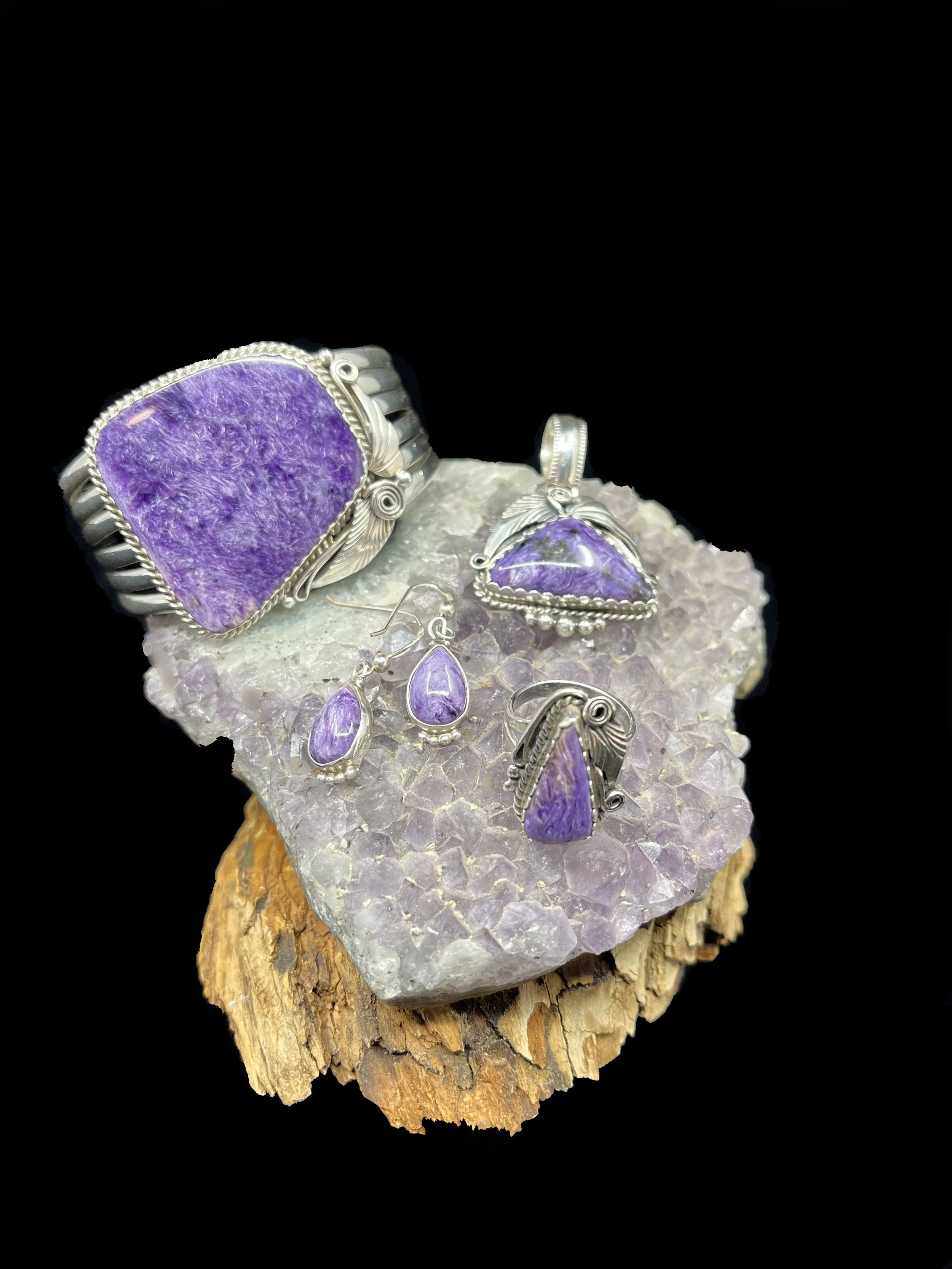 Charoite Jewelry Set - Cuff, Earrings, Ring and Pendant