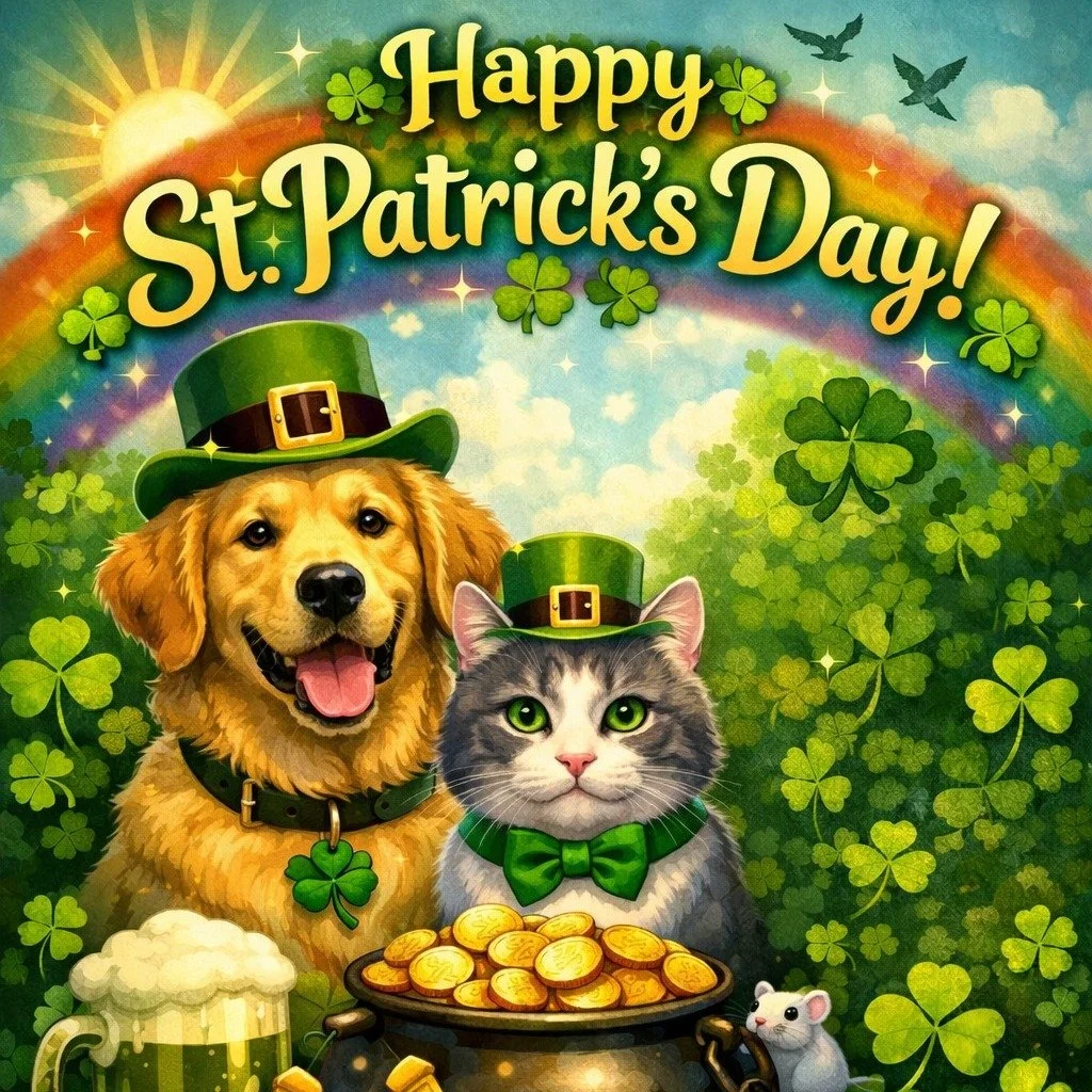 Lucky paws, happy hearts, and all the green vibes today! 🍀🐶🐱 Happy St. Patrick&rsquo;s Day from Hicks Animal Clinic &mdash; wishing you and your furry friends a safe and tail-wagging celebration!

#StPatricksDay #HicksAnimalClinic #LuckyPaws #PetS