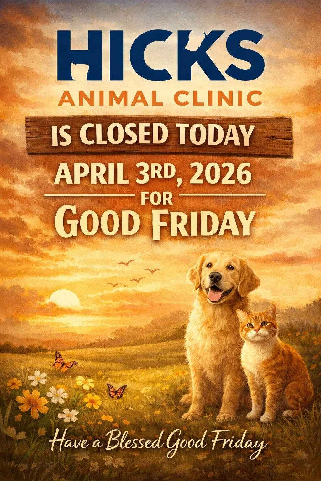 💙🧡Hicks Animal Clinic will be closed today, Friday, April 3rd, in observance of Good Friday.

We hope you and your family have a peaceful and blessed holiday.

If your pet experiences an emergency while we are closed, please visit our closest emerg