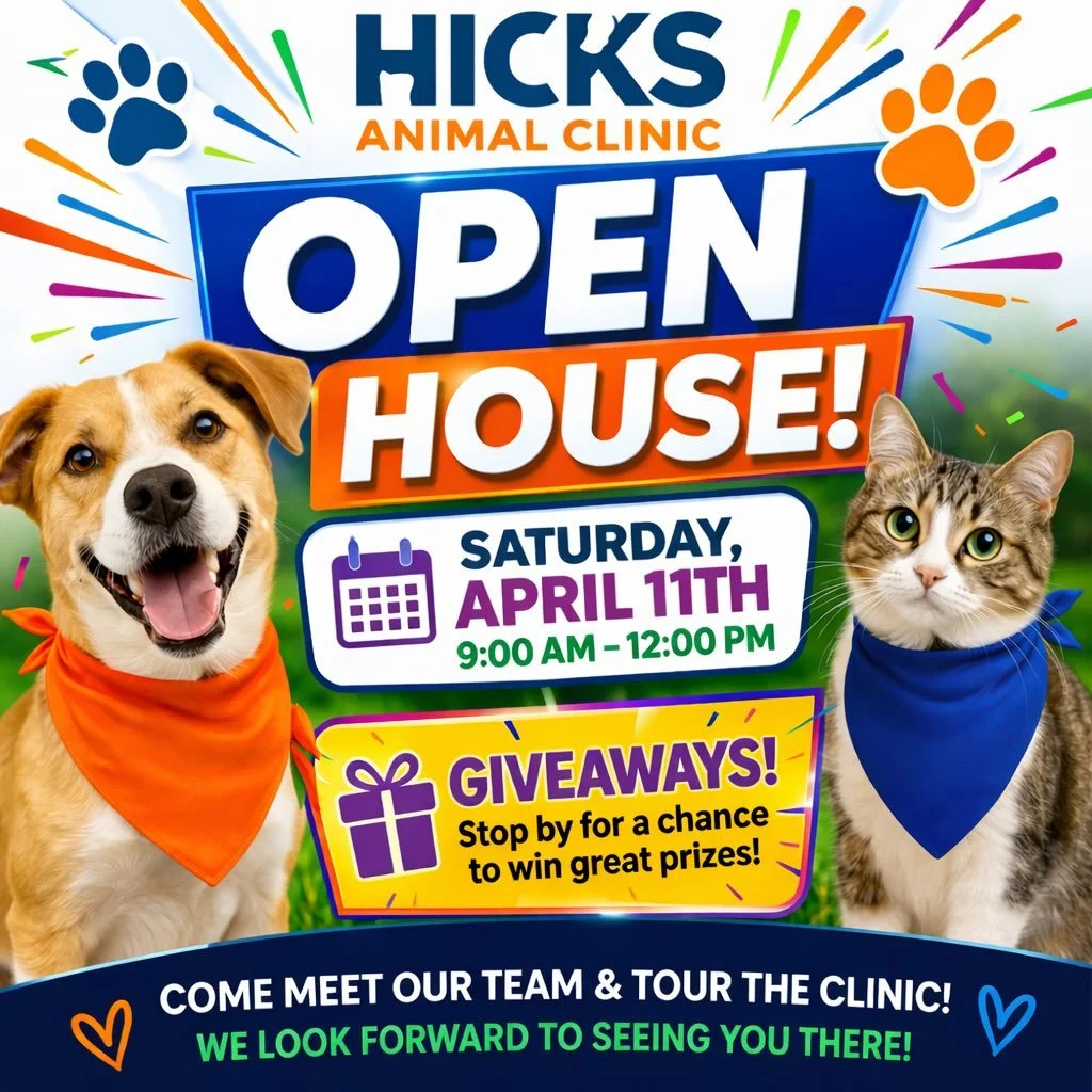 🎉 You&rsquo;re invited to our Open House at Hicks Animal Clinic! 🐾

Join us on Saturday, April 11th from 9 AM &ndash; 12 PM for a fun morning at the clinic. Come meet our team, tour the clinic, and enjoy a chance to win some exciting giveaways!

We