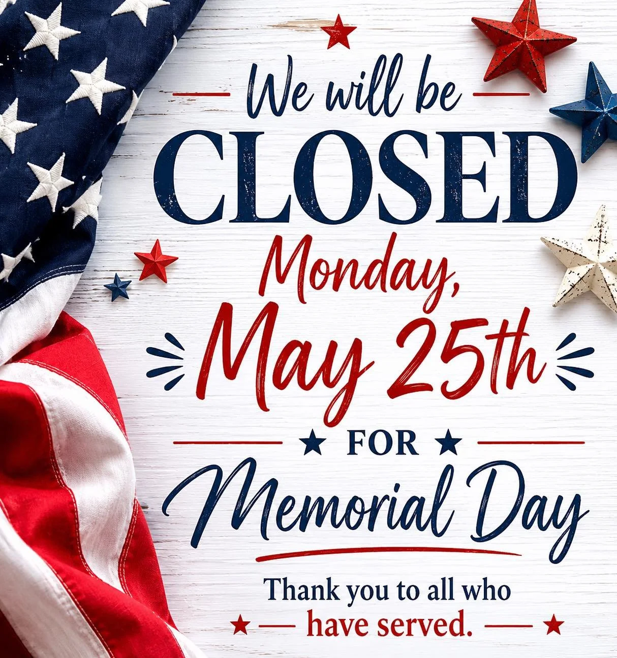 🇺🇸 Memorial Day Notice 🇺🇸

In honor of Memorial Day, Hicks Animal Clinic will be closed on Monday, May 25th as we remember and honor the brave men and women who made the ultimate sacrifice for our country. ❤️🤍💙

We will resume normal business h