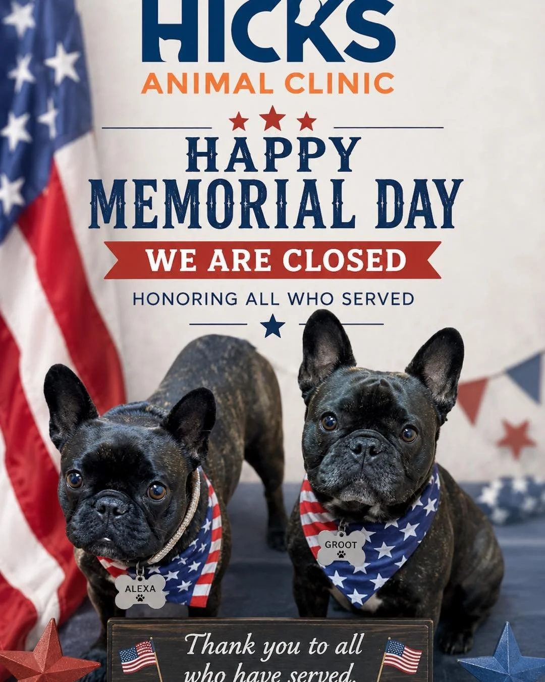 🇺🇸 Happy Memorial Day🇺🇸

In honor of Memorial Day, Hicks Animal Clinic will be closed Today Monday, May 25th as we remember and honor the brave men and women who made the ultimate sacrifice for our country. ❤️🤍💙

We will resume normal business 