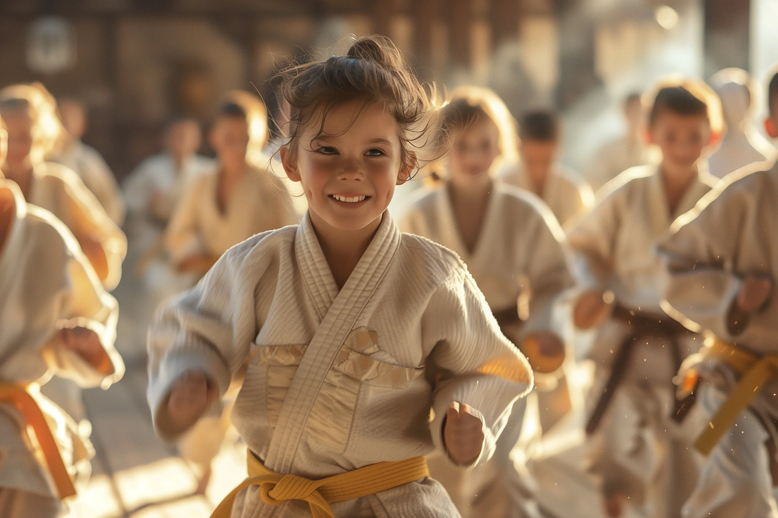 Group of children in martial arts uniforms practicing in a sunlit dojo.