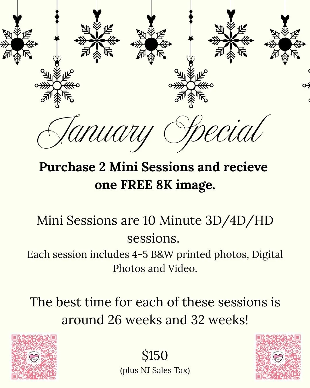 Black and white snowflake ornaments hanging from strings, with a text overlay about a January special offer for mini photography sessions.