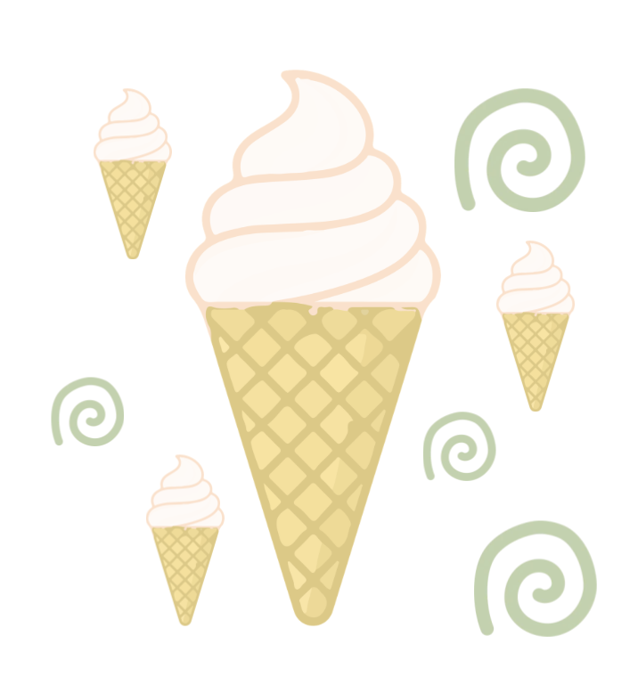 Illustration of soft serve ice cream cones in a pastel color palette, with larger central cone and smaller surrounding cones, along with green spiral accents.