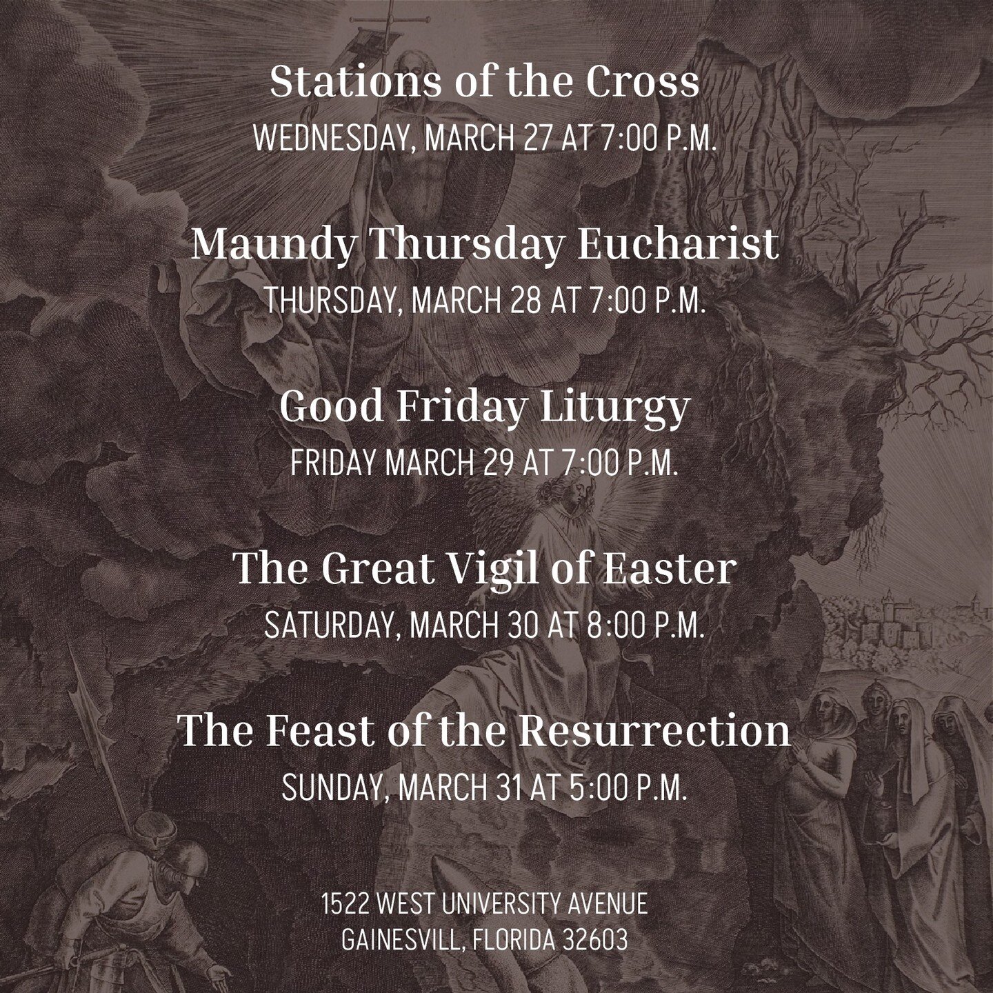 Join us for Holy Week!

- Palm Sunday - Sunday, 3/24 @ 5 p.m.
- Stations of the Cross - Wednesday, 3/27 @ 7 p.m.
- Maundy Thursday - Thursday, 3/28 @ 7 p.m.
- Good Friday - Friday, 3/29 @ 7 p.m.
- Easter Vigil* - Saturday, 3/30 @ 8 p.m.
- Easter Sund
