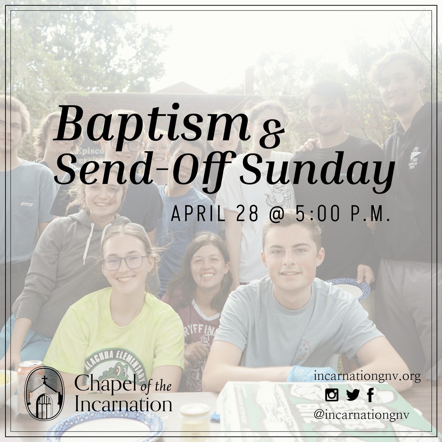 Join us tomorrow (April 28) at 5:00 p.m. for a service of Holy Communion and Baptism where we will send off all of our graduates!