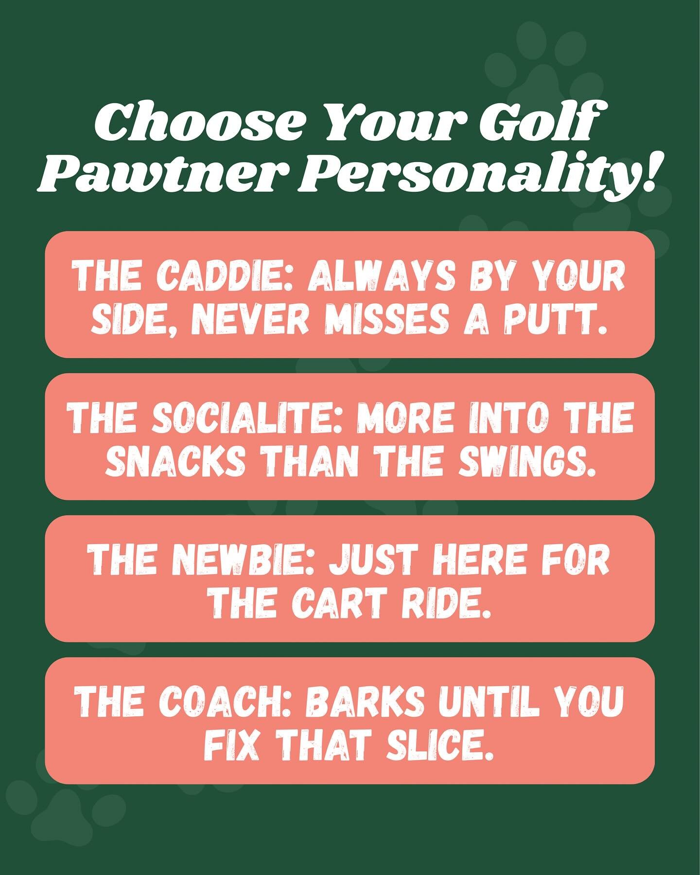 Which golf pup are you bringing to the course? ⛳🐶 Let us know below 👇

 Whether you&rsquo;re the Caddie, the Clubhouse Socialite, or the Newbie, every round&rsquo;s better with your best friend by your side. 💚

 #PuppiesAndGolf #Golf #DogLovers #A