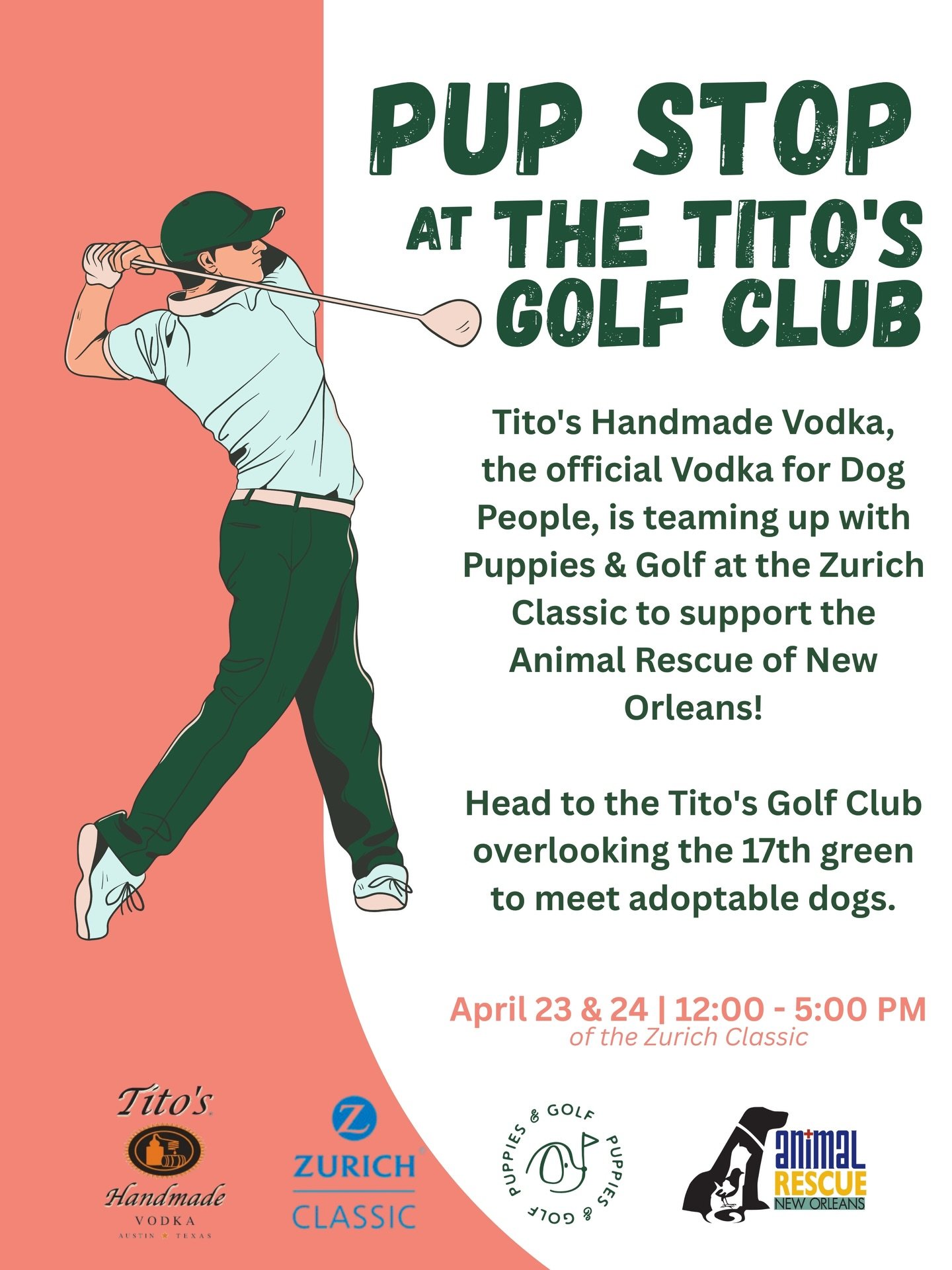 We&rsquo;re heading to the Zurich Classic! 🐾⛳️

Join us at the Tito&rsquo;s Golf Club overlooking the 17th green on April 23 &amp; 24 to meet adoptable dogs from Animal Rescue of New Orleans and learn more about how you can support their journey to 