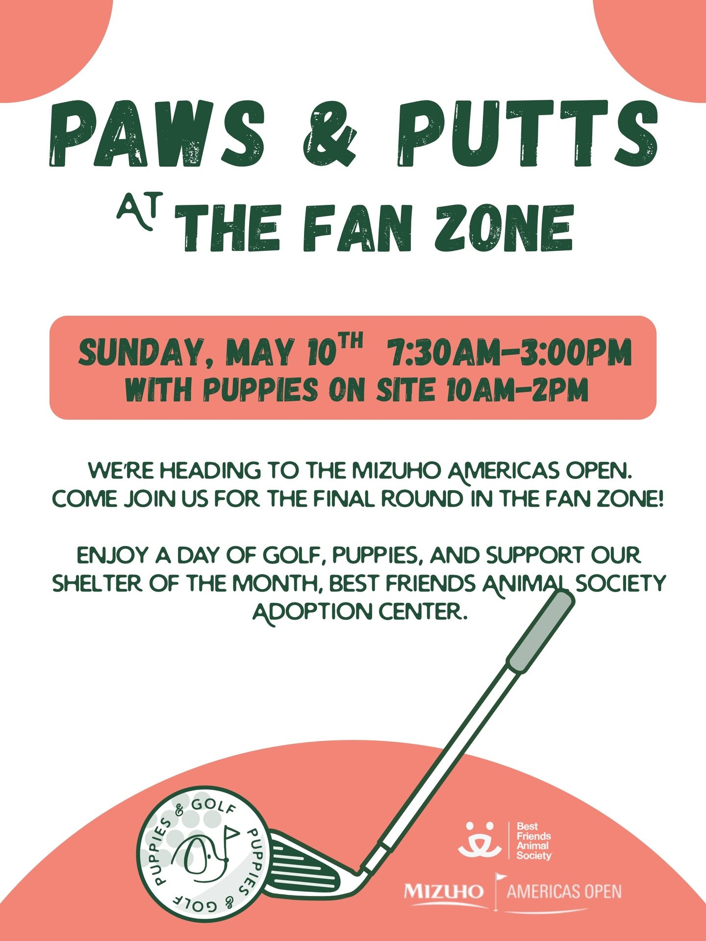 See you at Mizuho Americas Open⛳️

Mark your calendars, we&rsquo;re bringing the puppies to the Mizuho Americas Open on May 10th! Our Shelter of the Month @bfas_ny will also be onsite, joining us in the Fan Zone for the final round. Come meet adoptab