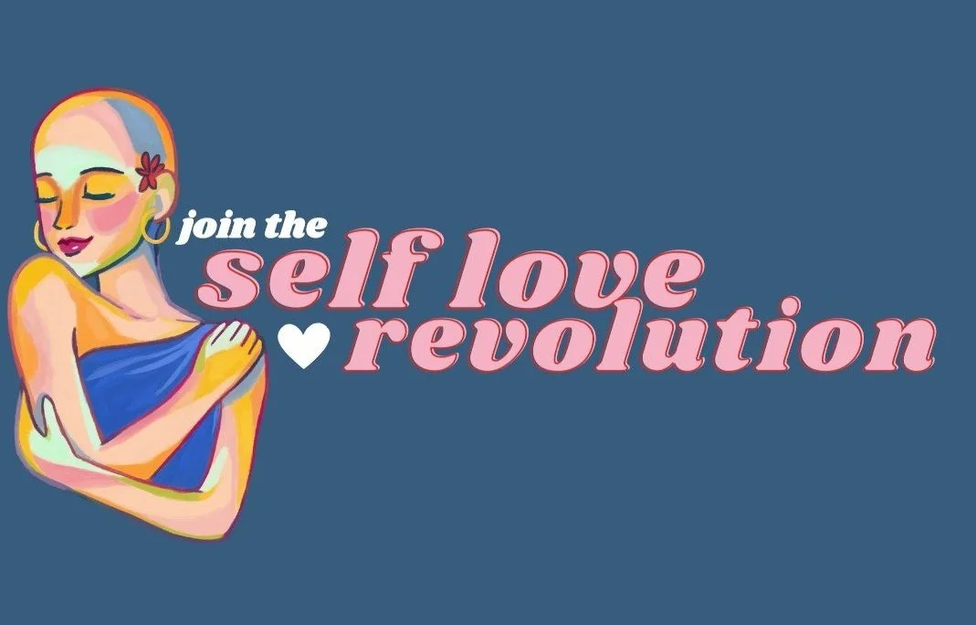 Illustration of a woman with a flower in her hair, smiling with eyes closed, embracing herself, with text reading 'join the self love revolution' and a small heart icon.