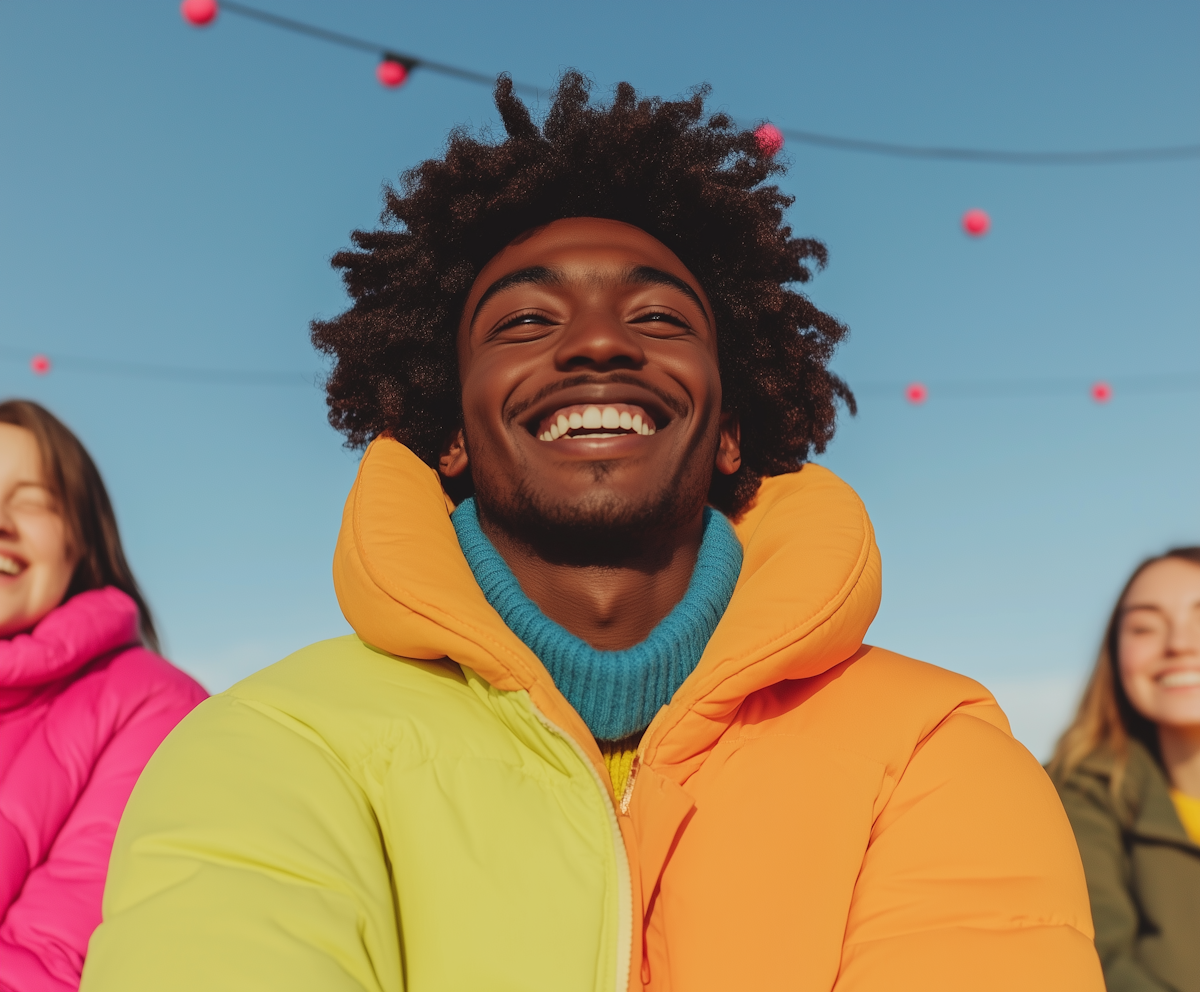 Smiling young man with curly hair wearing a bright yellow and orange jacket, blue sweater, and headband, outdoors with a clear blue sky and string lights.
