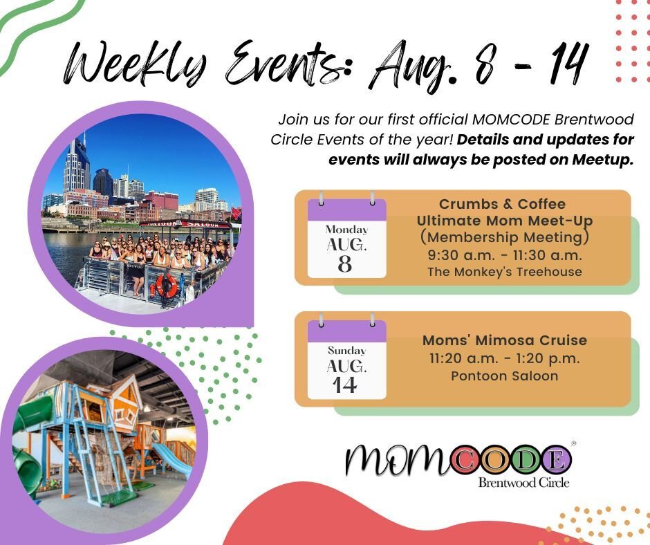 Let's get it started, y'all! Check out our FIRST official @momcodebrentwood events EVER this week. Event details are always posted on @meetup or in our bio link.
.
TOMORROW, Monday, August 8: Crumbs &amp; Coffee Mom Meetup at  @monkeys_treehouse with